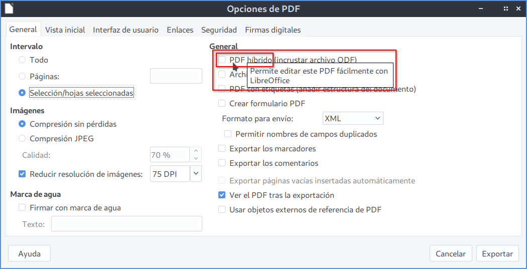 Captura de pantalla del diálogo Opciones de PDF