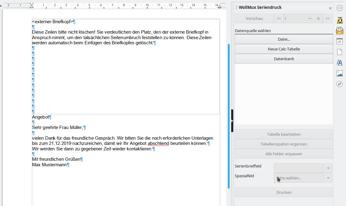 Seriendruck-Sidebar des WollMux beim ersten Start