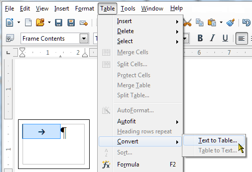 copie d'écran sélection d'un paragraphe avec tab et menu contextuel convertir
