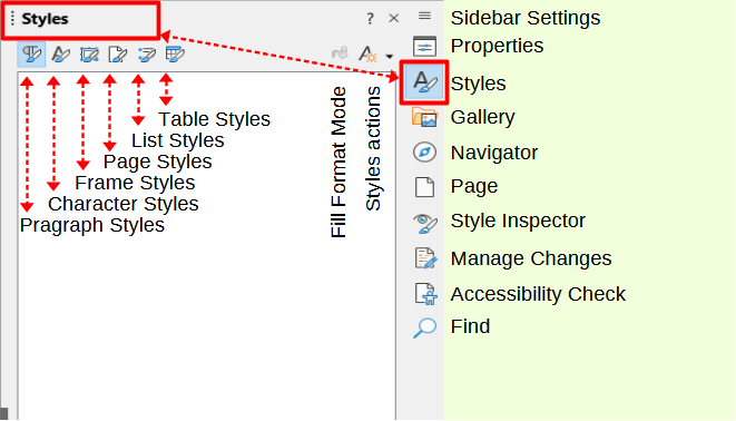 Styles and others in the sidebar