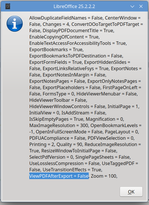 All the PDF Export options are displayed, and afterwards one of them is modified.
