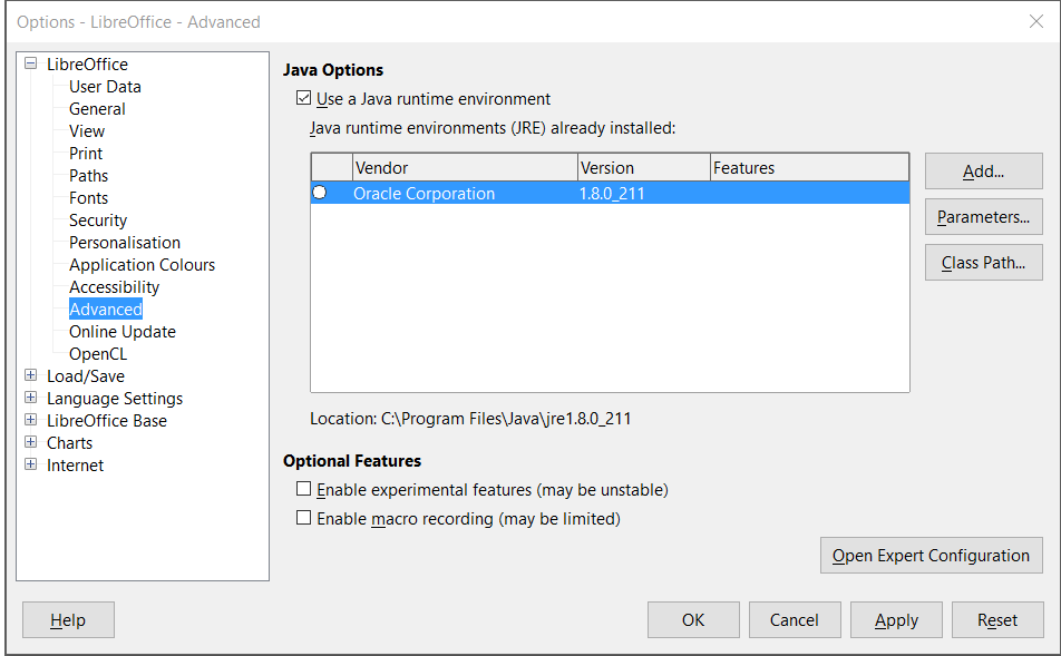 Dialogové okno "Rozšířené možnosti LibreOffice"