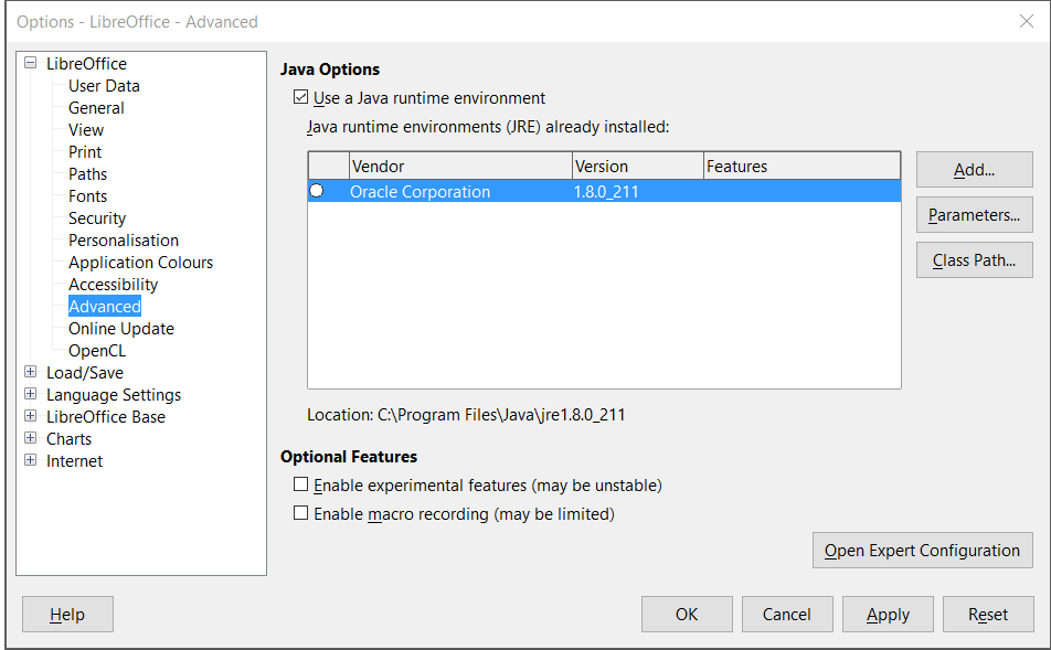 Dialoog "Geavanceerde opties LibreOffice"