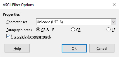 Finestra di dialogo delle opzioni del filtro ASCII con l'opzione BOM