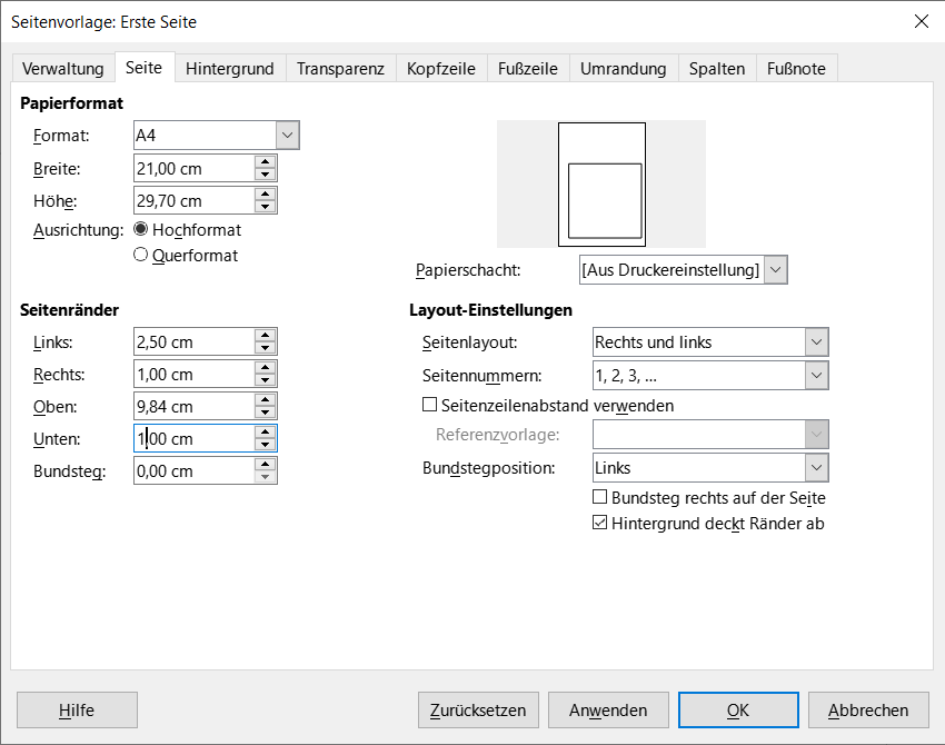 Dialog "Seitenvorlage: Erste Seite" Tab "Seite"