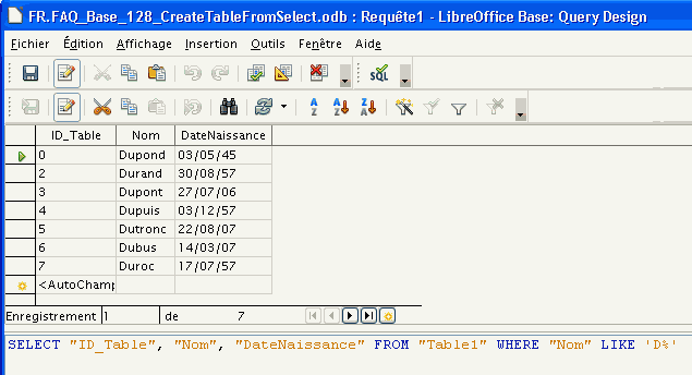 copie d'écran en bas le sql en haut les enregistrement sélectionnés