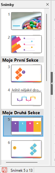 Sekce prezentace dostupné z místních nabídek v podokně snímků