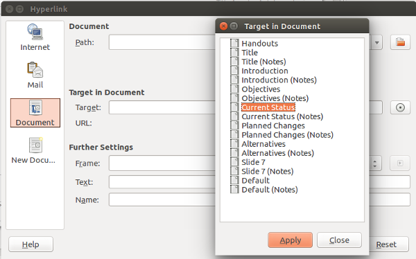 Target in Document dialog