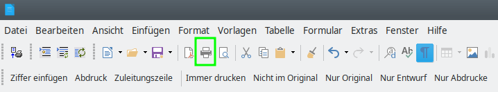 Writer Standard toolbar -> Print file directly button