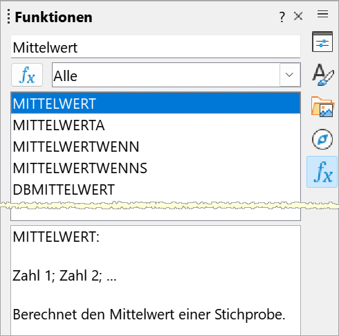 Screenshot die neue Funktion in Aktion, wobei der Suchbegriff "MITTELWERT" alle Funktionen auflistet, die mit dem Mittelwert zu tun haben.