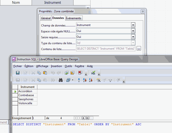Codice SQL per la casella combinata