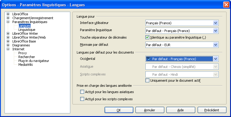 capture d’écran de la boite de dialogue correspondante Options, Paramètres linguistiques, Langues