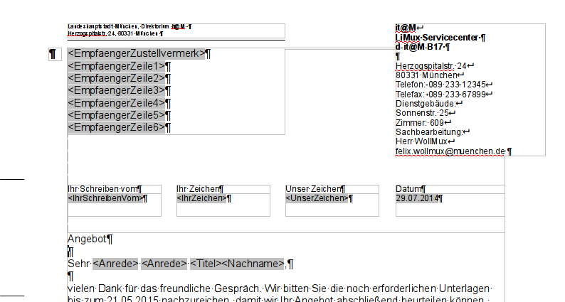 Existing fields in external letterhead
