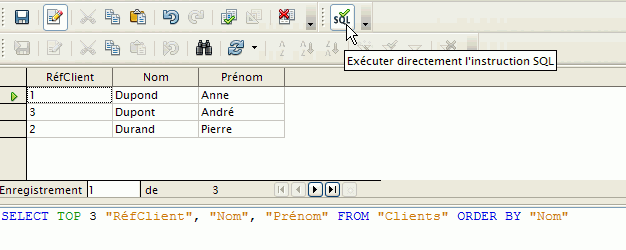 copie d'écran requête en mode SQL, bouton exécution directe enfoncé