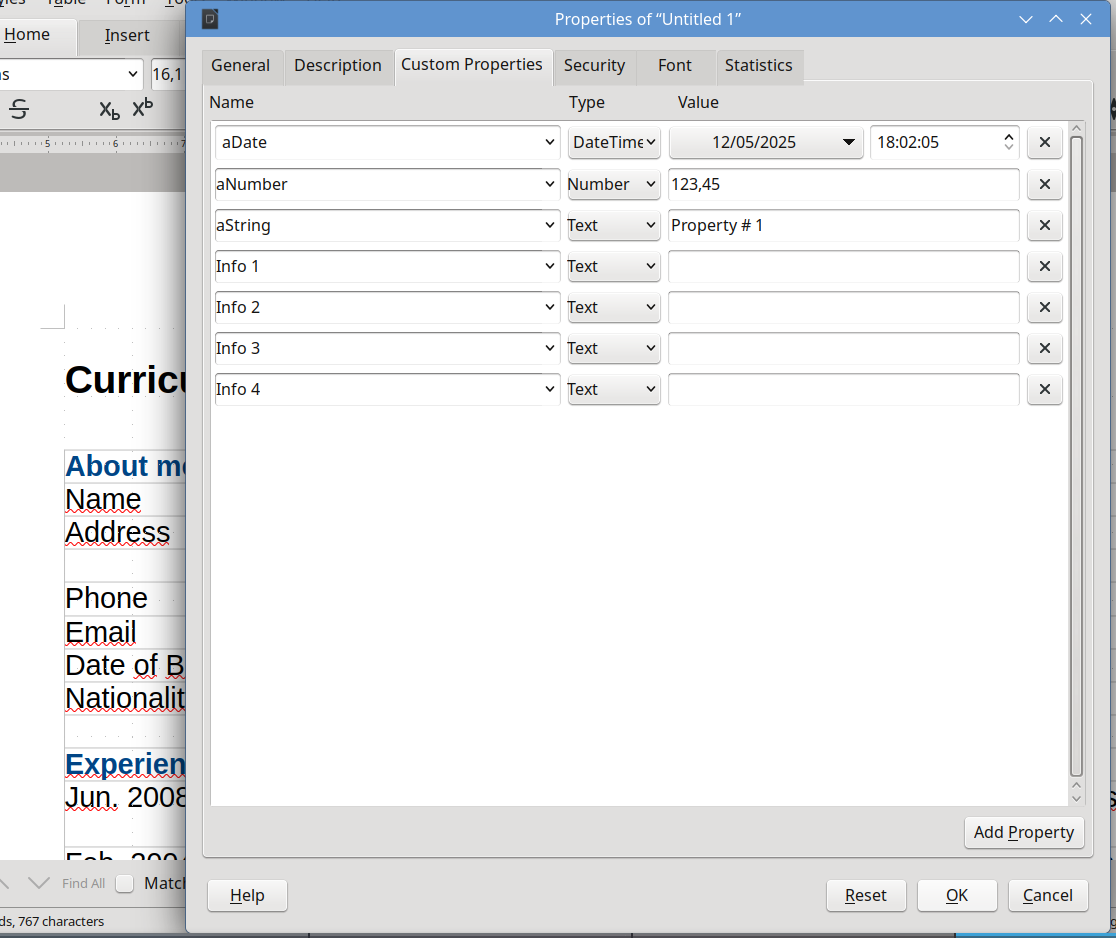 Dialog showing custom properties as Python dictionary