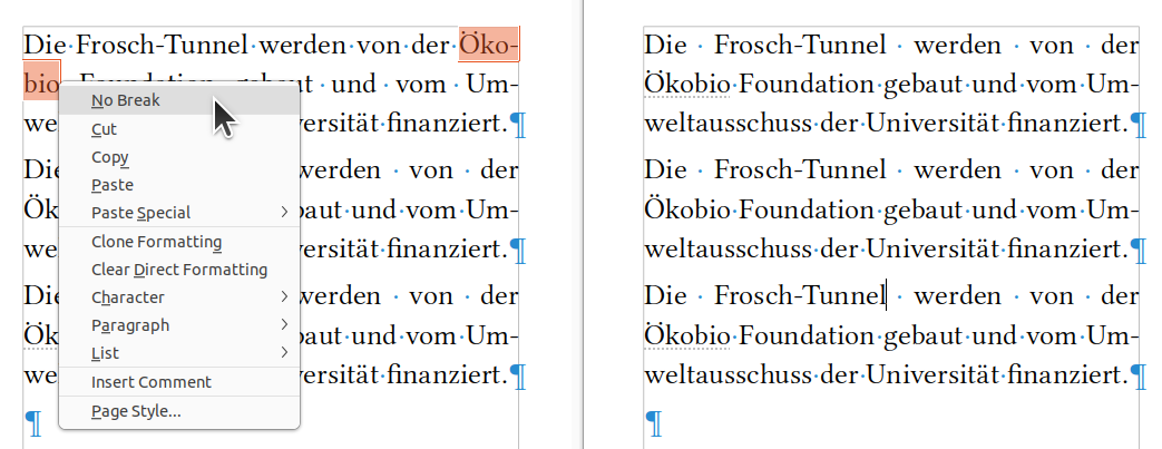 New “No Break” context menu of hyphenated words, and light gray dotted underline visualization of words with disabled hyphenation. (Note: no visualization for the previous workaround, the word with language setting “None” in the second paragraph.)