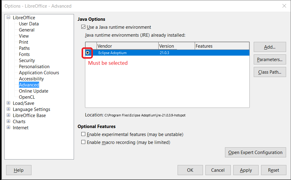 File:Options LibreOffice Advanced Eclipse.png - The Document Foundation ...