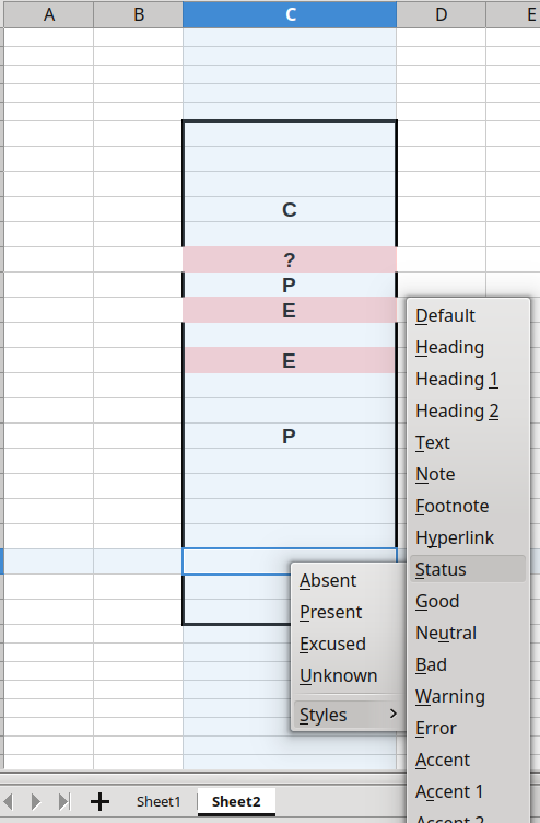A popup menu to simulate a Calc context menu.