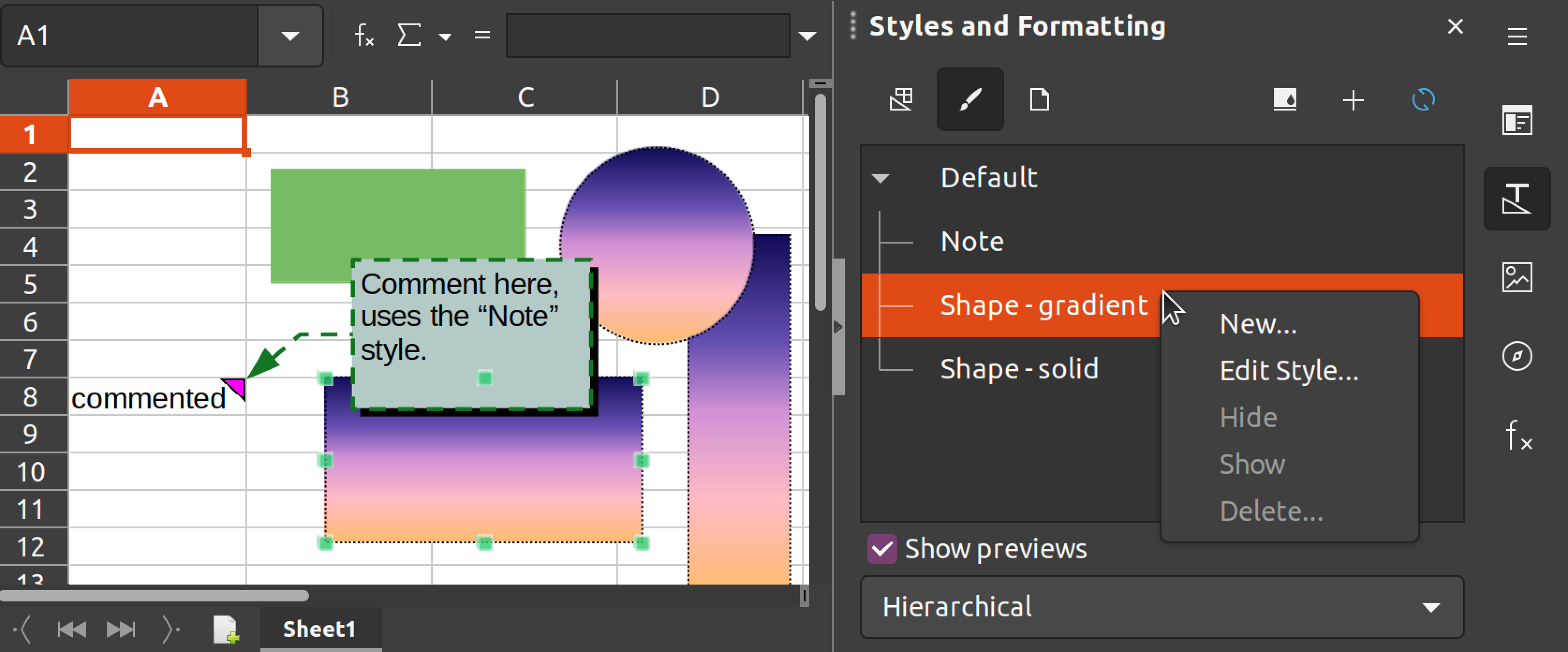 Screenshot of Drawing Styles in action: the "Note" style is used by comments (with dashed outline), and two shape styles are used to easily change many shapes at once (one for a solid fill, the other for gradient fill). The context menu for a style is popped up in the sidebar.
