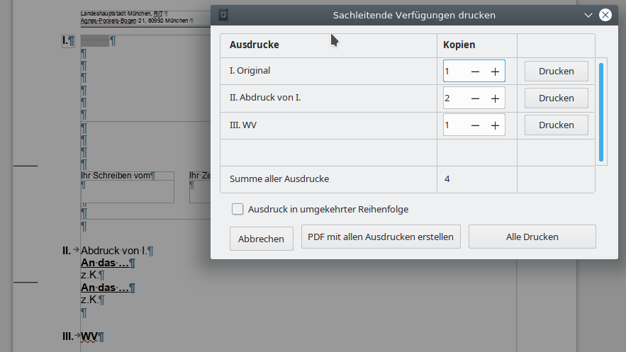 The dialog "Wollmux Comfort Print" appears via the button "Print file directly" or the menu item "Print".