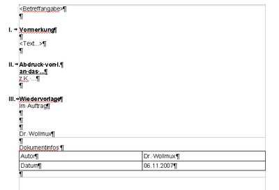 This preview contains after the last disposal point resubmission a text part with information about the document and a table, which should only be printed in the draft. However, the problematic text part has now been packed into a text area gray border around the text part with the name "Document info".