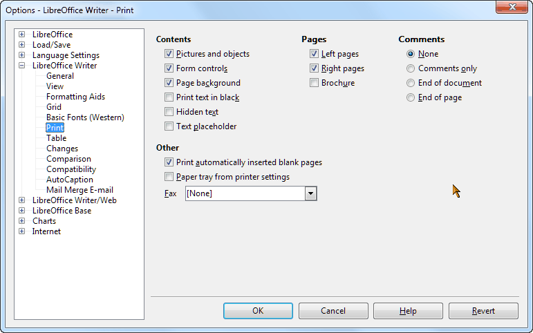screenshot of the writer printing options