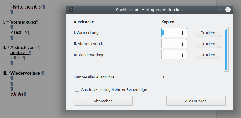 The dialog "Wollmux Comfort Print" appears via the button "Print file directly" or the menu entry "Print"