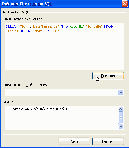 copie d'écran du dialogue Outils SQL (en haut l'instruction à exécuter, en bas statut du résultat)