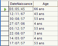 copie d'écran âges calculés par requête, résultats sous la forme xx ans