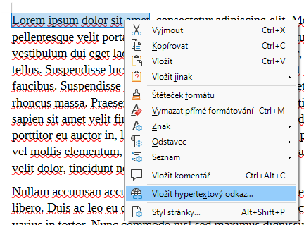 Vložení hypertextového odkazu v místní nabídce