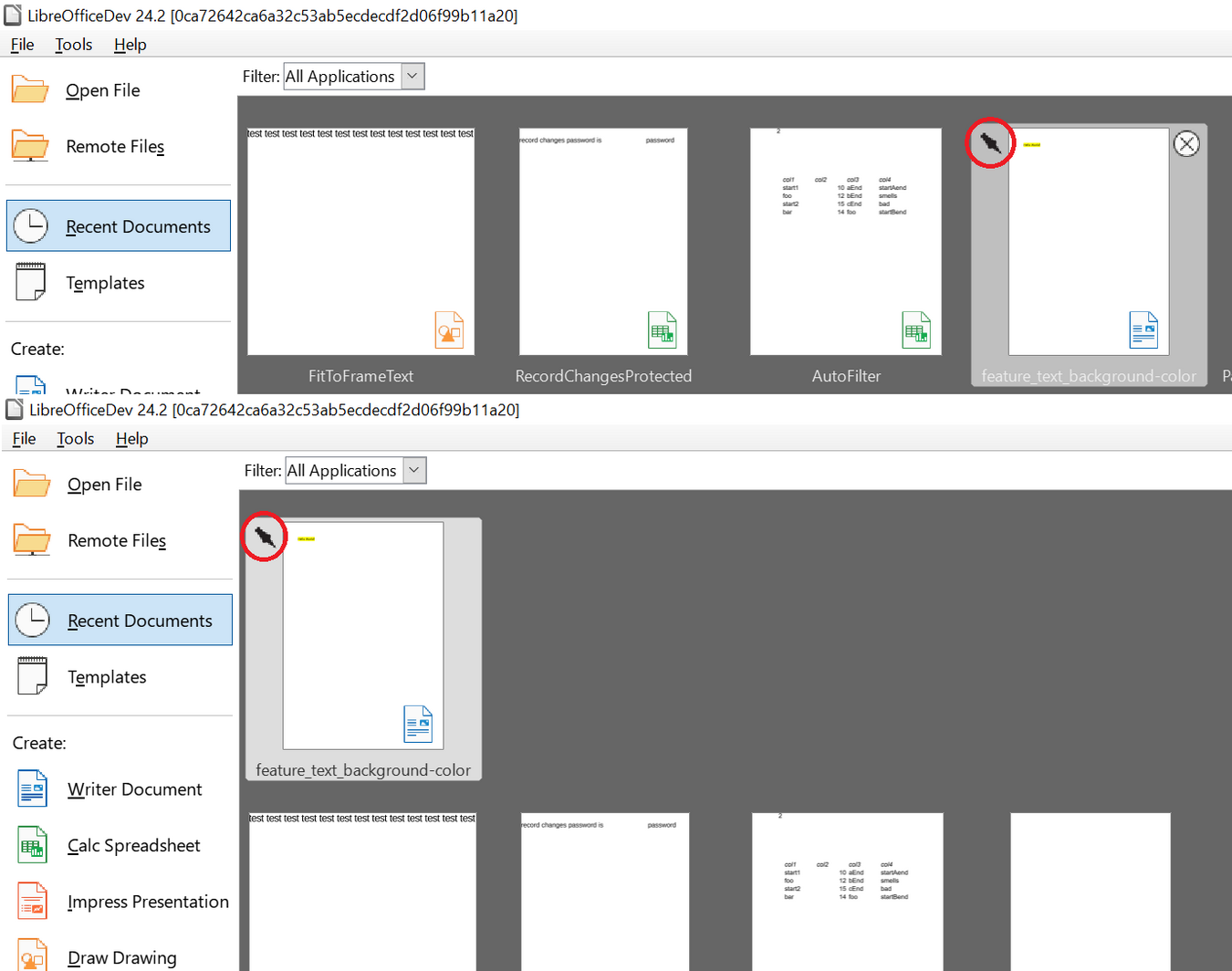 Pinned documents in the Start Center