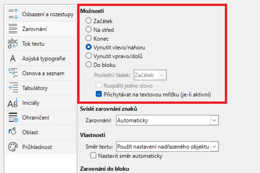 Zarovnání odstavce „Začátek“ a „Konec“