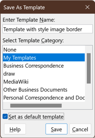 "Save as default template" dialog