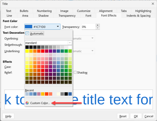 "Title" dialog - "Font Effects"