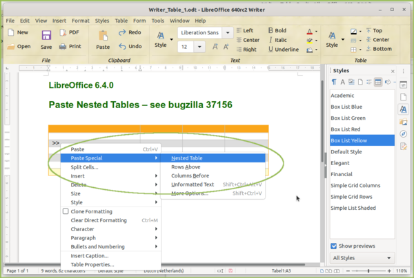 Paste nested tables in Writer