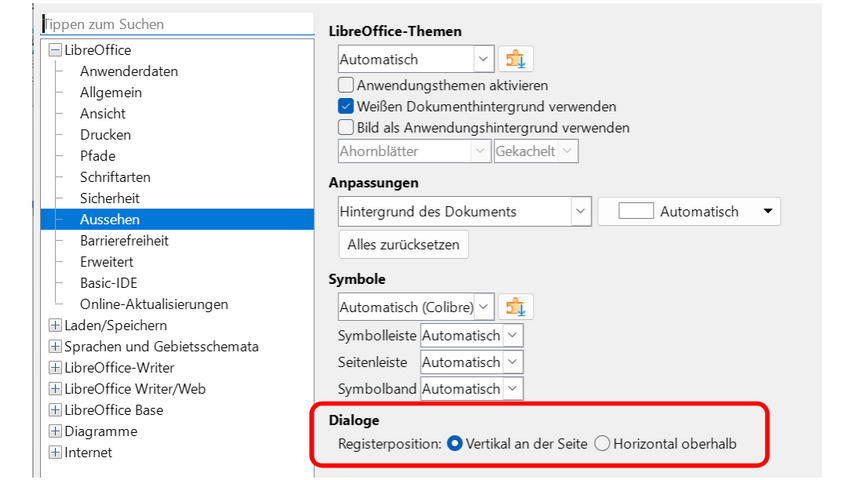 Wählen Sie horizontale oder vertikale Registerkarten in Dialogfeldern aus.