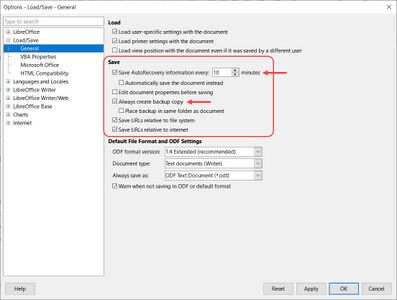 "Options-Load/Save–General" dialog