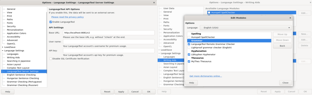 Jazyková nastavení v Nástroje ▸ Možnosti přidávají nová nastavení pro kontrolu pravopisu pomocí LanguageTool API.