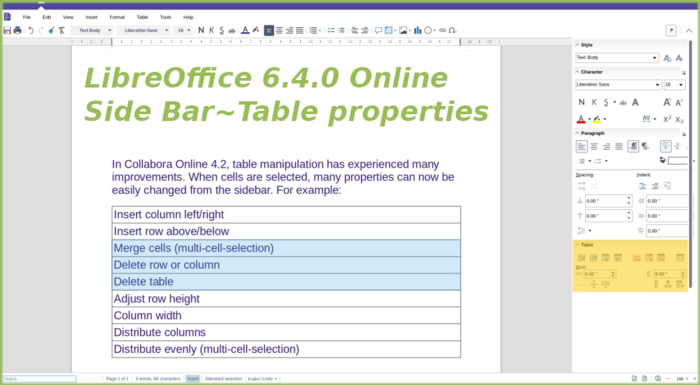 Side bar with Table properties in Writer online
