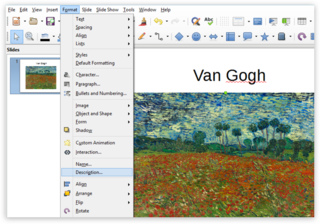 Snímání obrazovky možností obrázku v LibreOffice Impress na PC