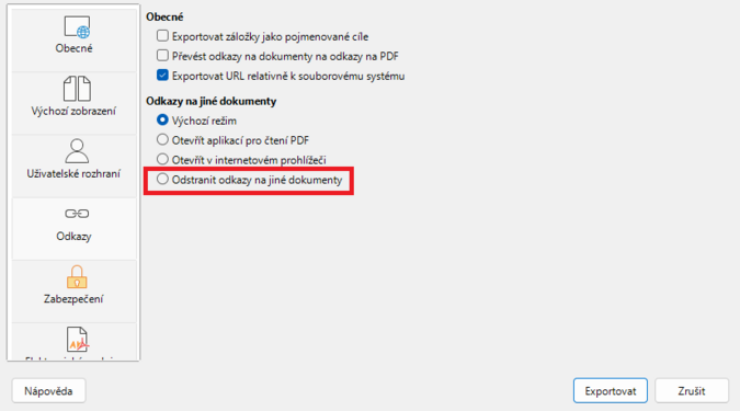 Možnost odstranění externích odkazů na dokumenty v exportu do PDF