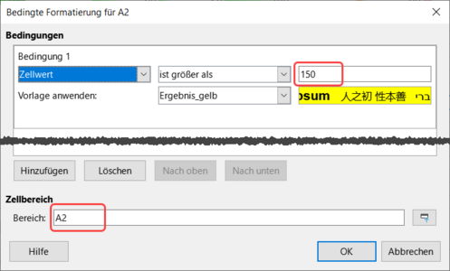 Dialog "Bedingte Formatierung für A2