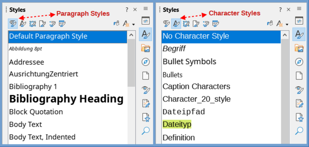Paragraph and Character Styles in the Sidebar