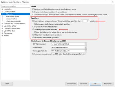 Dialog "Optionen - Laden/Speichern - Allgemein"