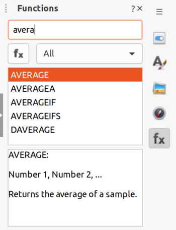 Screenshot of the new feature in action, with the search string "avera" listing all the avrage-related functions.
