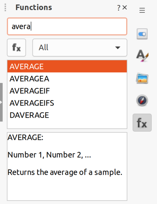 Screenshot of the new feature in action, with the search string "avera" listing all the average-related functions.