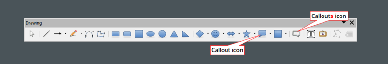 La barra degli strumenti di Disegno di Writer (versione Inglese, LibreOffice 6.0.2)