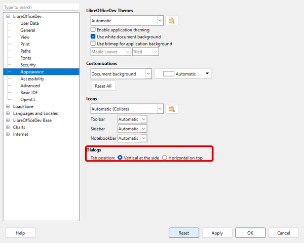 Select horizontal or vertical tabs in dialogs