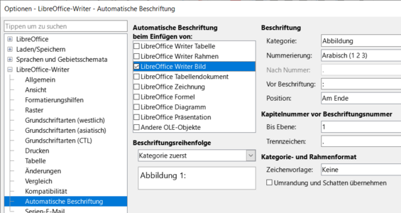 Einstellung Bild mit automatischer Beschriftung.