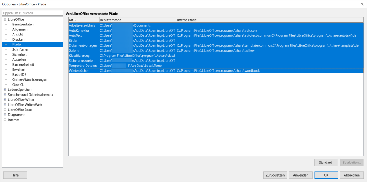 Dialog "Optionen – LibreOffice - Pfade"